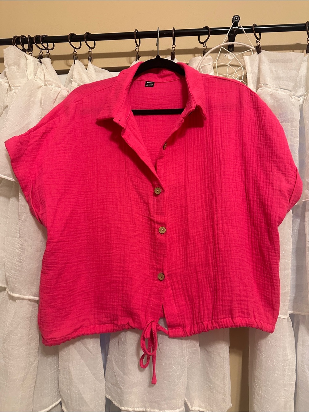 SHEIN xL Hot Pink Short Sleeve Cropped Button-Down Shirt